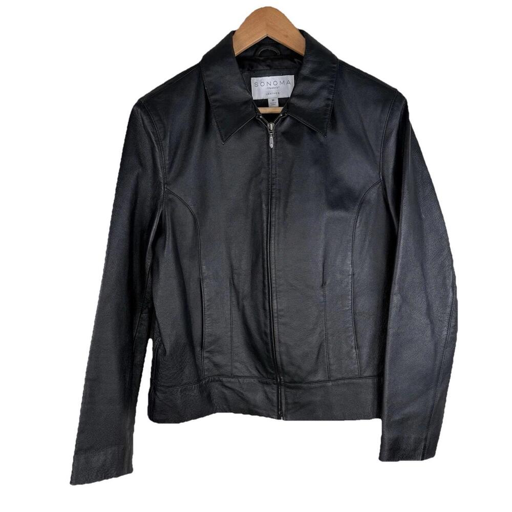 Sonoma Women’s 100% Leather Black Zip Jacket Moto Biker Minimalist Sz M